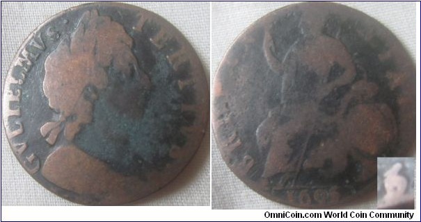 1696 halfpenny, possiblly a new unlisted type with the 6 being over a 5.