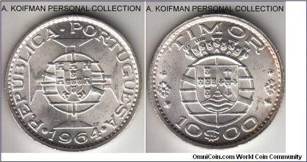 KM-16, 1964 Portuguese Timor (Colony) 10 escudos; silver, reeded edge; blast white uncirculated.