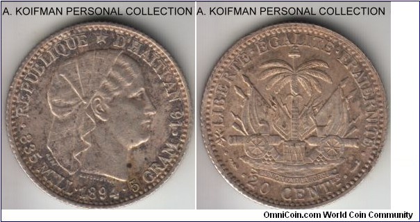 KM-45, 1894 Haiti 20 centimes; silver, reeded edge; good extra fine (obverse) to about uncirculated (reverse).