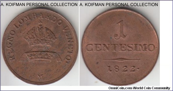 C-1.2, 1822 Lombardy-Venetia (Italian State) centesimi, Milan mint (M mint mark); copper, plain edge; uncirculated, lighter than the scan shows, good condition.