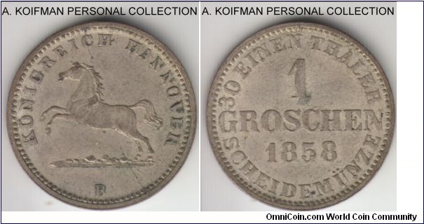 KM-236, 1858 German States Hannover groschen; silver, plain edge; lightly toned about uncirculated.