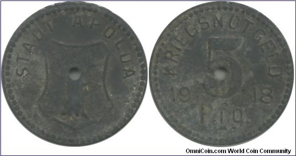Germany-Kriegsnotgeld 5 Pfennig 1918 Apolda