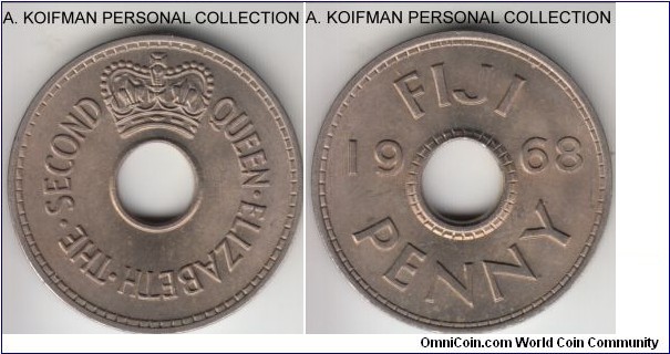 KM-21, 1968 Fiji penny; copper nickel, plain edge, holed; nice uncirculated specimen.