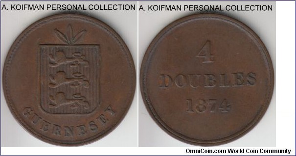 KM-5, 1874 Guernsey 4 doubles; bronze, plain edge; good fine or better dark brown, mintage 69,000.