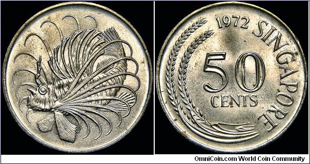 Singapore - 50 Cents - 1972 - Weight 9,33 gr - Copper-Nickel - Size 27,76 mm - Thickness 2,032 mm - Alignment Medal (0°) - Obverse Lion Fish (Firefish) - Engraver Stuart Devlin - Edge Reeded - Mintage 5 427 000 - Reference KM# 5 (1967-1985)