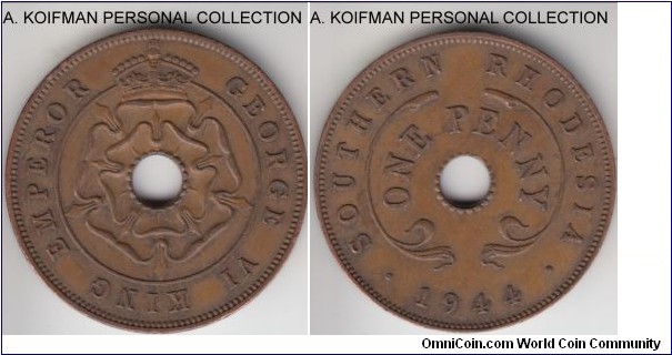 KM-8a, 1944 Southern Rhodesia penny; bronze, plain edge; good very fine to extra fine, a war time issue.