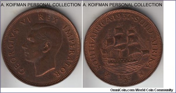 KM-24, 1937 South Africa (Dominion) half penny; bronze, plain edge; red brown uncirculated or almost, first year of George but decent large mintage unlike farthings.
