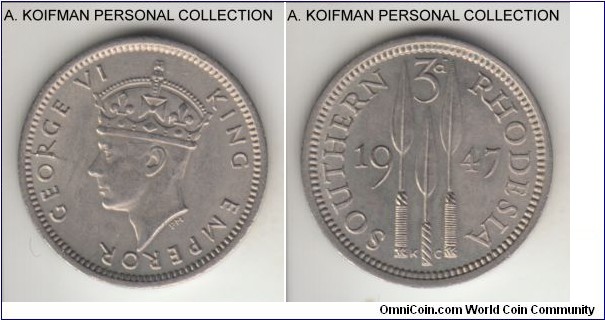 KM-16a, 1947 Southern Rhodesia 3 pence; copper-nickel, plain edge; 1 year post WWII type, about uncirculated, lots of original luster.