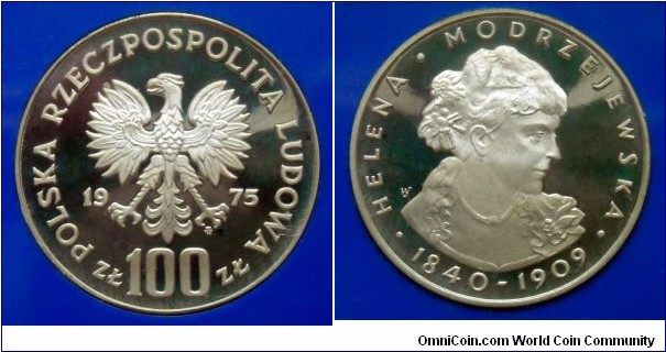 Poland 100 złotych.
1975, Helena Modrzejewska (1840-1909) Ag 625.
Proof. 