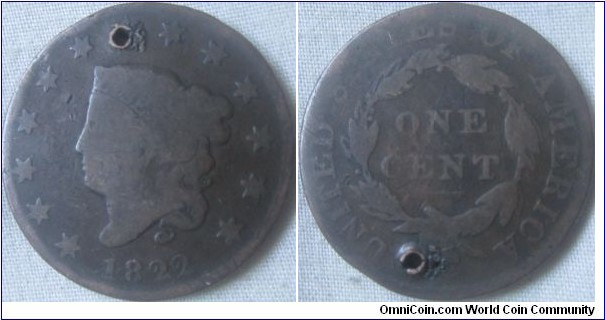 1822 US cent low grade and holed