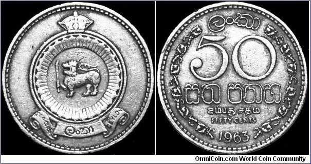 Sri Lanka - Ceylon - 50 Cents - 1963 - British Colony of Ceylon (1948-1972)- Weight 5,5 gr - Copper-nickel - Size 21,5 mm - Thickness 1,97 mm - Alignment Medal (0°) - Ruler Queen Elizabeth II (1952-1972) - Edge : Security edge (indented) - Mintage 15 000 000 - Reference KM# 132 (1963-1972) 