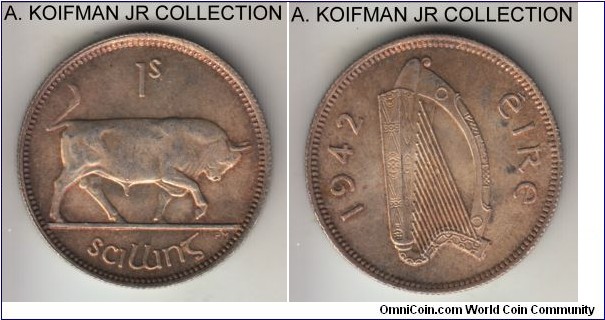 KM-14, 1942 Ireland shilling; silver, reeded edge; smallest mintage of the type but relatively common, choice uncirculated, lustrous pleasant toning.