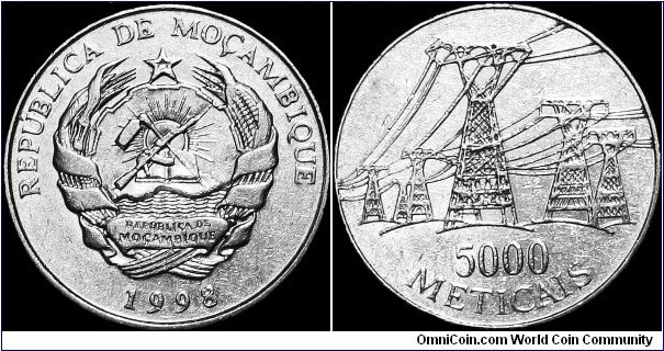 Mozambique - 5000 Meticais - 1998 - Weight 14,0 gr - Nickel clad steel - Size 28,5 mm - Thickness 3,0 mm - Alignment Medal (0°) - President Period Joaquim Chissano (1990-2005) - Obverse National Emblem - Reverse Electric power transmission - Engraver Reverse Robert Elderton - Edge Reeded - Reference KM# 124 (1998)
