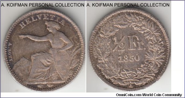 KM-8, 1850 Switzerland 1/2 franc, Paris mint (A mint mark); silver, reeded edge; good very fine to about extra fine, nice toning.