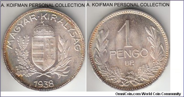 KM-510, 1938 Hungary pengo; silver, ornamented edge; bright uncirculated, some toning on obverse.