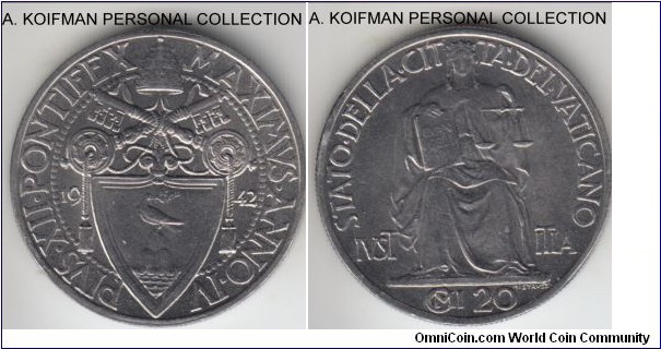 KM-33, 1942/Year IV of Pius XII Vatican 20 centesimi; stainless steel, reeded edge; as minted, most common year of early Vatican with mintage of 125,000.
