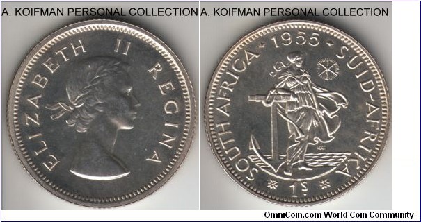 KM-49, 1955 South Africa shilling; proof, silver, reeded edge; mintage 2,850, average proof.