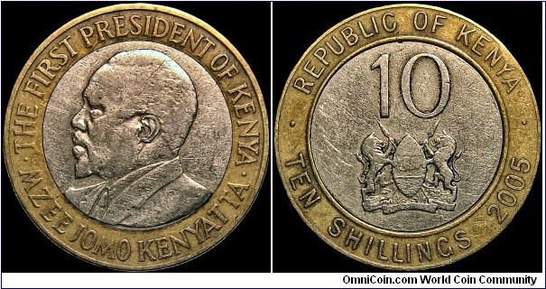 Kenya - 10 Shillings - 2005 - Weight 5,0 gr - Bi-metallic Copper-nickel center in Aluminium-bronze ring - Size 23,0 mm - Thickness 1,75 mm - Alignment Medal (0°) - President period : Mwai Kibaki (2002-2013) - Minted in Royal Mint, Llantrisant,Wales Great Britain - Edge Reeded - Mintage ? - KM# 35.1 (2005-2010)