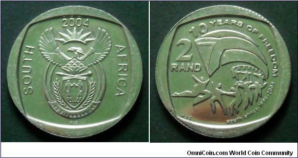 South Africa 2 rand.
2004, 10th Anniversary of the first multiracial elections.
