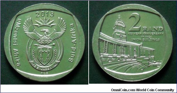 South Africa 2 rand.
2013, 100th Anniversary of the Union Buildings.
Legend in Xhosa and Afrikaan.
