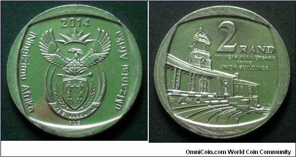 South Africa 2 rand.
2014, 100th Anniversary of the Union Buildings.
Legend in Zulu and Xhosa.