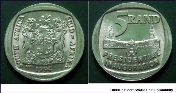 South Africa 5 rand.
1994, Inauguration of Nelson Mandela as President of South Africa. 