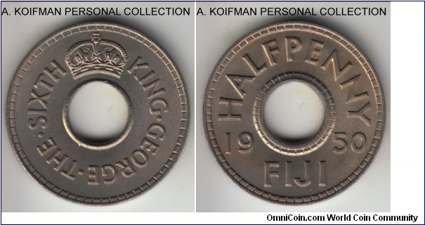 KM-16, 1950 Fiji half penny; copper-nickel, plain edge; scarcer mintage, nice choice uncirculated.