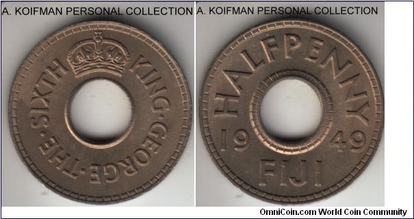 KM-16, 1949 Fiji half penny; copper-nickel, plain edge; key date for the type, mintage 96,000.