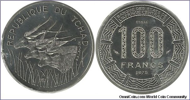 CentralAfricanStates 100 Francs 1975-Republique du Tchad (Proof-Essai); Mintage: 1.700