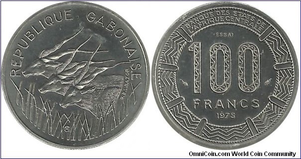 CentralAfricanStates 100 Francs 1975-Republique Gabonaise (Proof-Essai); Mintage: 1.700