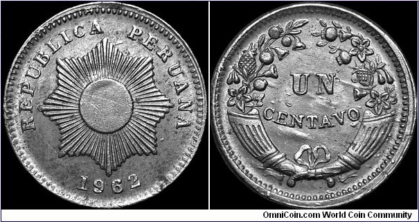 Peru - 1 Centavo - 1962 - Weight 1,02 gr - Zinc - Size 15,0 mm - Alignment Coin (180°) - Edge : Plain - Mintage 2 600 000 - Reference KM# 227 (1950-1965)