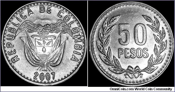 Colombia - 50 Pesos - 2007 - Weight 4,07 gr - Stainless steel - Size 21,5 mm - Alignment Coin (180°) - Obverse / Colombian coat of arms - Reverse / Value within wreath - Minted in Fábrica de Moneda de Ibaquén (Colombia) - Edge : Reeded - Mintage 29 300 000 - Reference KM# 283.2a (2007-2012)