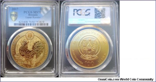 2017 Rwanda Year of the Rooster 1oz Gold. 100 mintage MS70 graded by PCGS