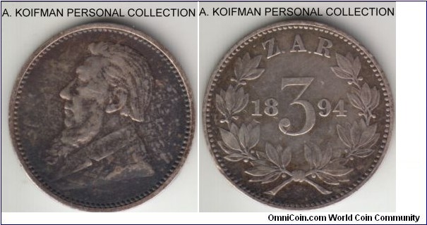 KM-3, 1894 South Africa 3 pence; silver, plain edge; good fine, dark toned.
