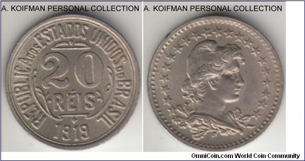 KM-516.1, 1919 Brazil 20 reis; copper-nickel, plain edge; average uncirculated and toned.