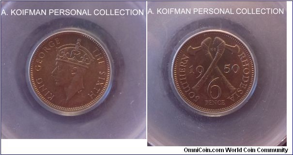 KM-21, 1950 Southern Rhodesia 6 pence; copper-nickel, reeded edge; nice lustrous uncirculated, CGS UK graded UNC 85  (roughly an equivalent to Sheldon MS 64), this is a series that has seen a lot of circulation due to a robust Rhodesian economy and thus scarce in higher grades - only 10 are graded by both NGC and PCGS and only oneof them as high as MS 65.