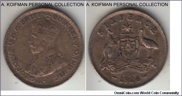 KM-25, 1926 Australia 6 pence; silver, reeded edge; George V, darker toned good very fine.