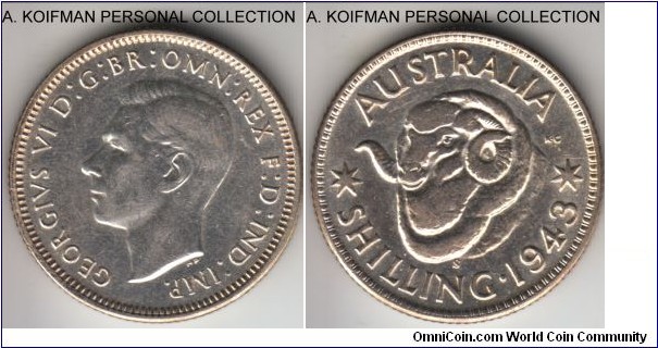 KM-39, 1943 Australia shilling, San Francisco mint (S mint mark); silver, reeded edge; about extra fine, but dipped with unnatural shine.