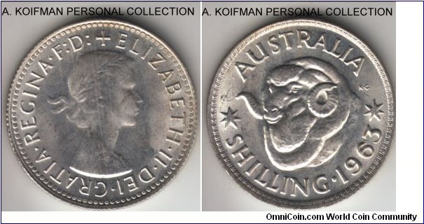 KM-59, 1963 Australia shilling, Melbourne mint; silver, reeded edge; bright white uncirculated.