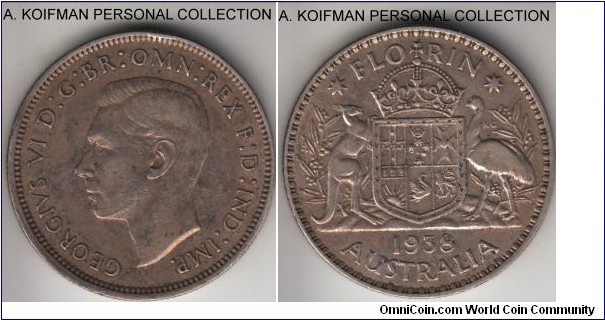 KM-40, 1938 Australia florin, Melbourne mint; silver, reeded edge; good very fine to about extra fine, light pleasant toning, a rim bump on obverse.