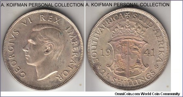 KM-30, 1941 South Africa (Dominion) 2 1/2 shillings; silver, reeded edge; about uncirculated, good luster, common year.