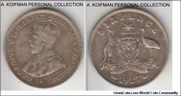 KM-25, 1927 Australia 6 pence; silver, reeded edge; very fine or about.