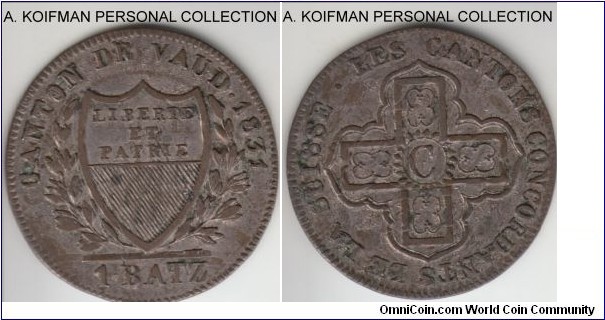 KM-20, 1831 BEL Switzerland canton Vaud batz; billon; darker very fine or so, common coin but pleasant.