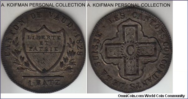 KM-20, 1828 BEL Switzerland canton Vaud batz; billon;darker toned, about extra fine, appear to have been struck over a different coin.
