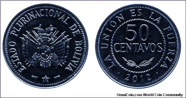 Bolivia, 50 centavos, 2012, Steel, 24mm, 3.75g, Estado Plurinacional de Bolivia.