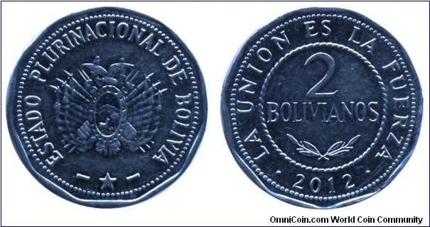 Bolivia, 2 bolivianos, 2012, Steel, 27mm, 6.25g, Estado Plurinacional de Bolivia.