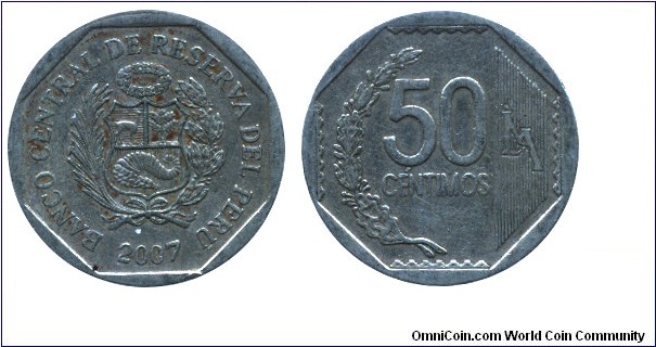 Peru, 50 centimos, 2007, Cu-Ni-Zn, 22mm, 5.45g.