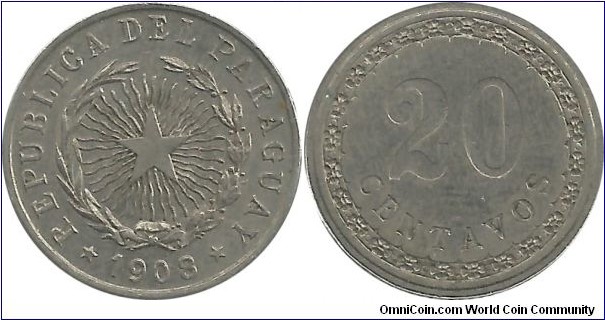 Paraguay 20 Centavos 1908 -rare coin-