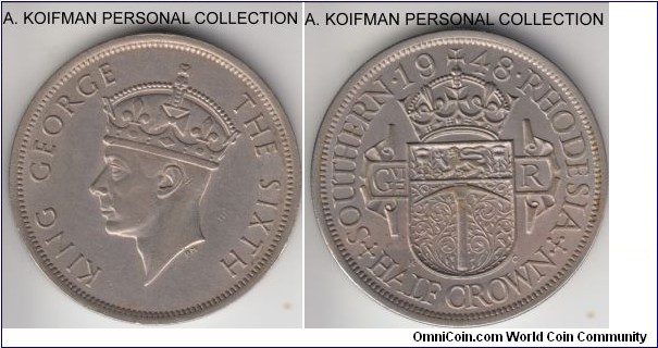 KM-24, 1948 Southern Rhodesia half crown; copper-nickel, reeded edge; pleasant circulated grade, extra fine or so, reverse is full of remaining luster.