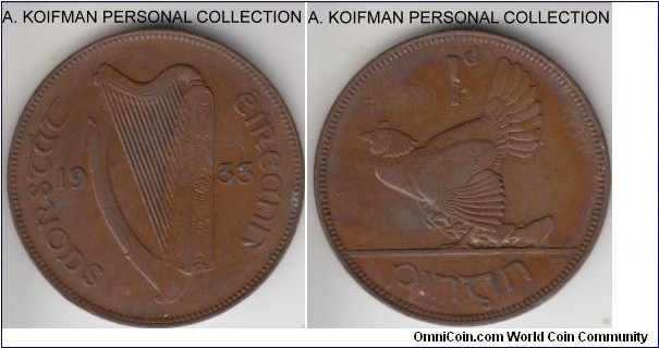 KM-3, 1933 Ireland (Republic) penny; bronze, plain edge; about extra fine details, but altered color and a rim bimp.